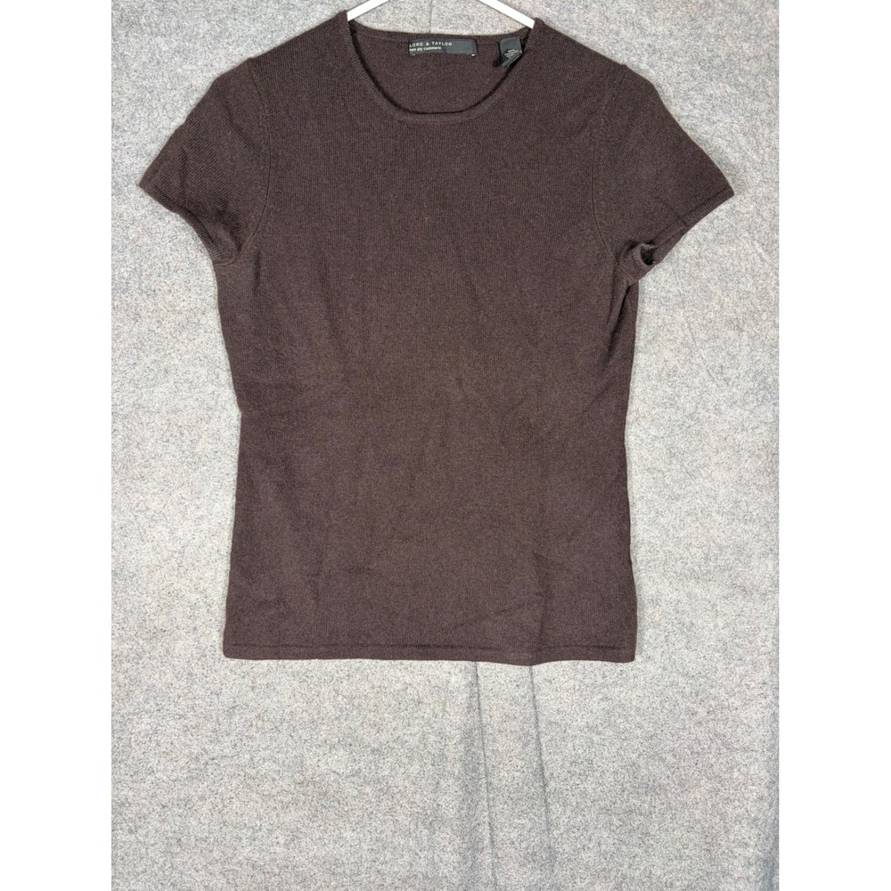 Lord & Taylor Womens Brown 100% Cashmere Short Sleeve Crew Neck Sweater Size M